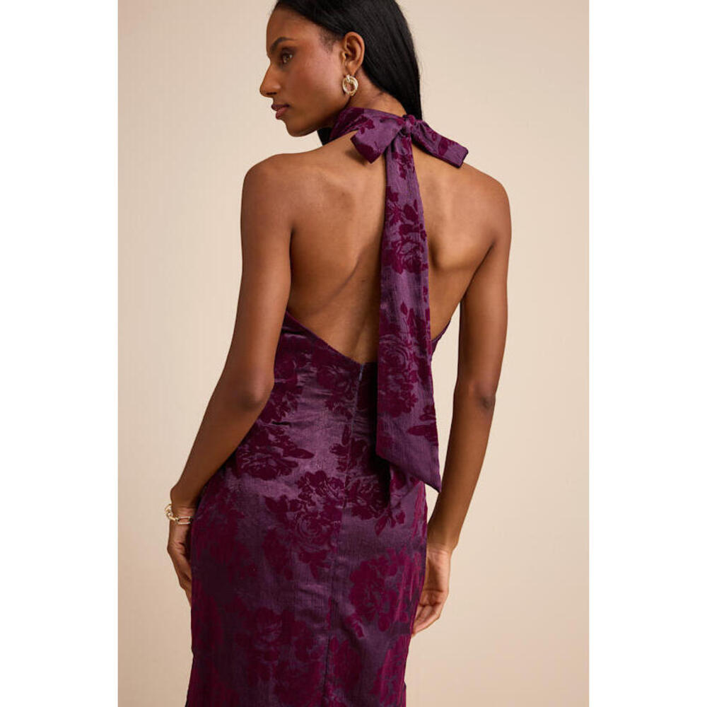Lulus Kyliana Plum Purple Satin Burnout Velvet Halter Maxi Dress - Size M